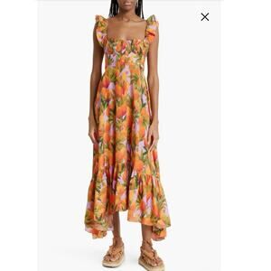 FARM Rio Orange Floral Maxi Dress with Green Leaves